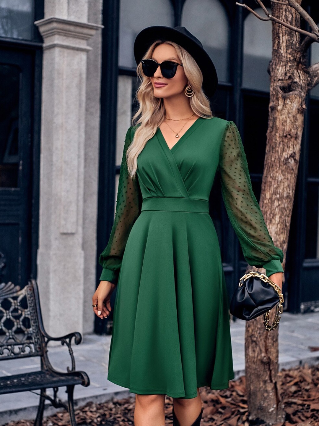 

StyleCast Green Self Design Cuffed Sleeves Fit & Flare Dress