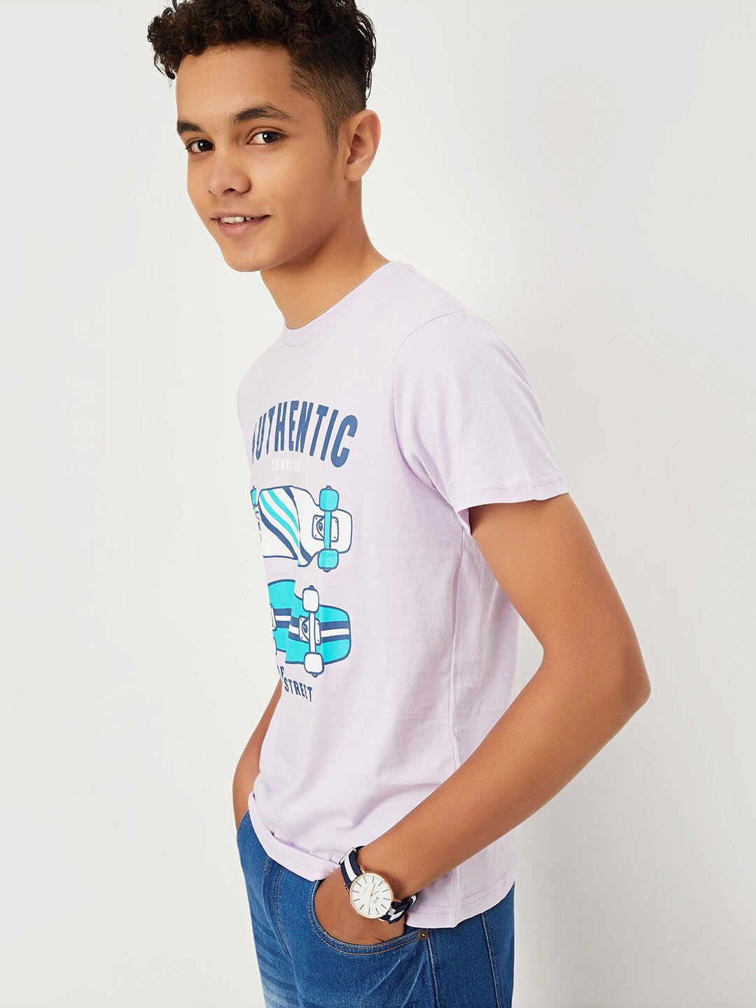 

max Boys Printed Pure Cotton T-shirt, Lavender
