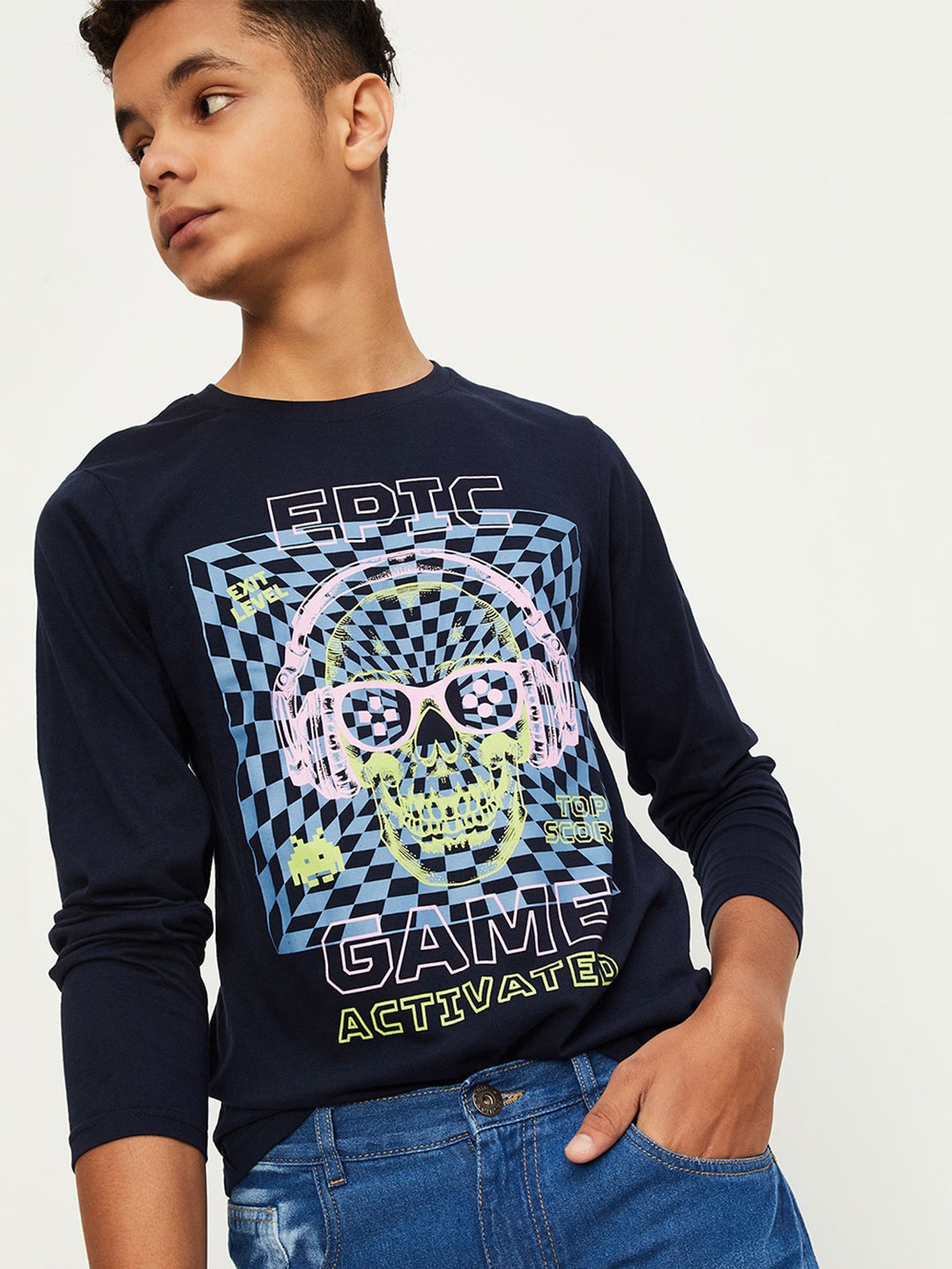 

max Boys Graphic Printed Pure Cotton T-shirt, Navy blue