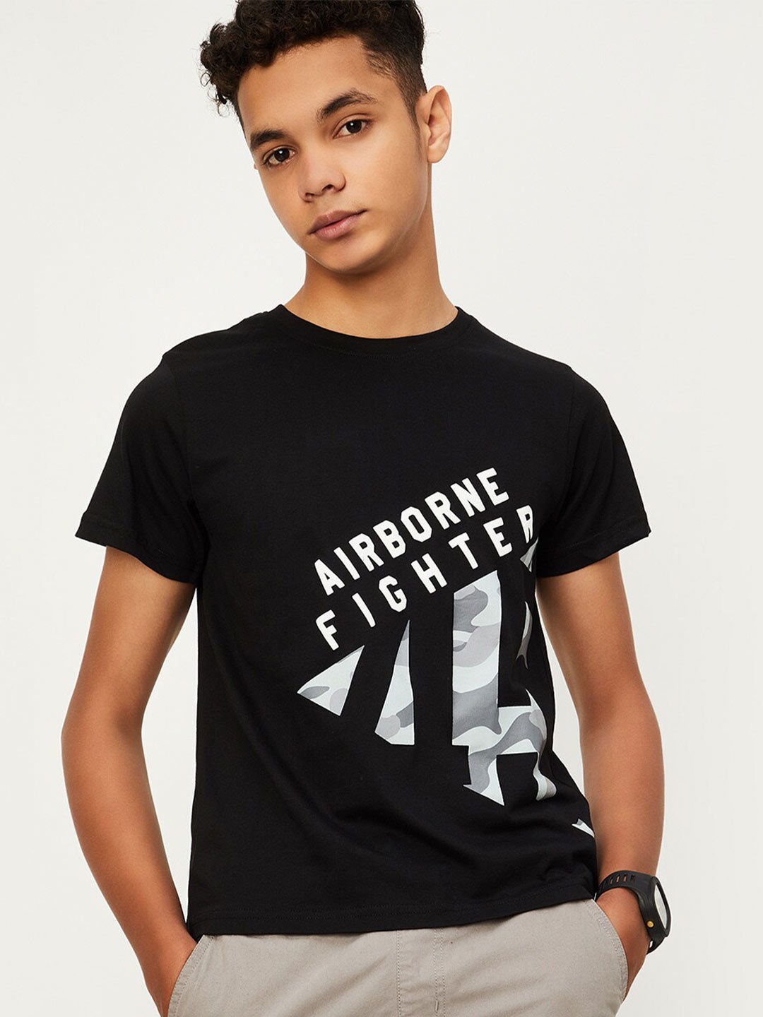 max Boys Typography Printed Pure Cotton T-shirt, Black