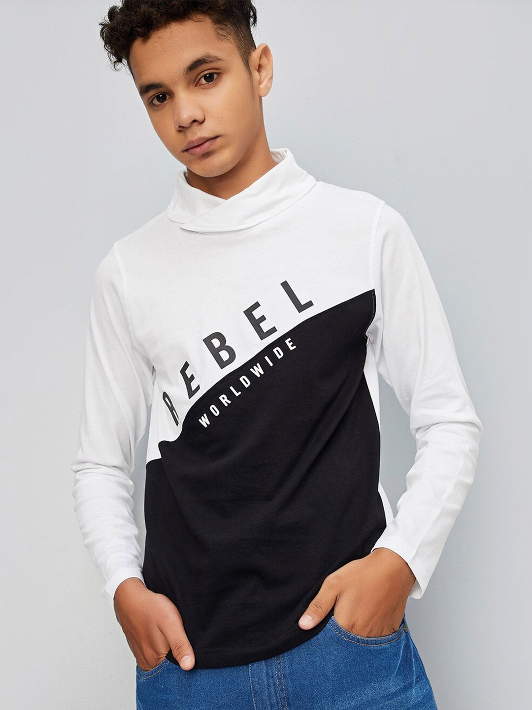 

max Boys Typography Printed High Neck Pure Cotton T-shirt, White