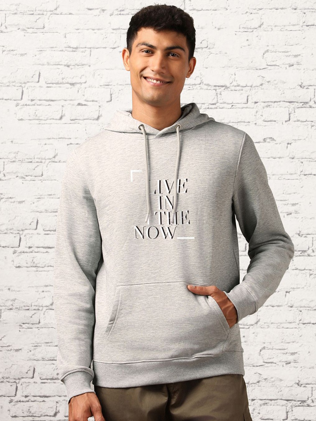 NOBERO Typography Printed Hooded Sweatshirt, Grey melange