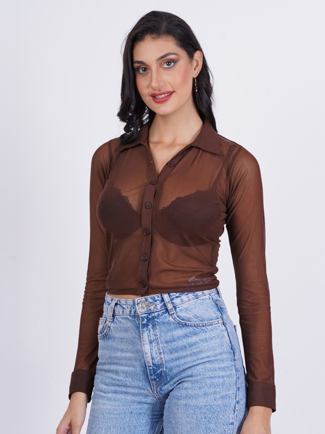 

SIGHTBOMB Sheer Net Shirt Style Top, Brown