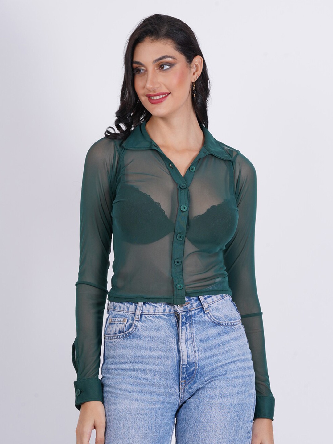 

SIGHTBOMB Sheer Net Shirt Style Top, Green