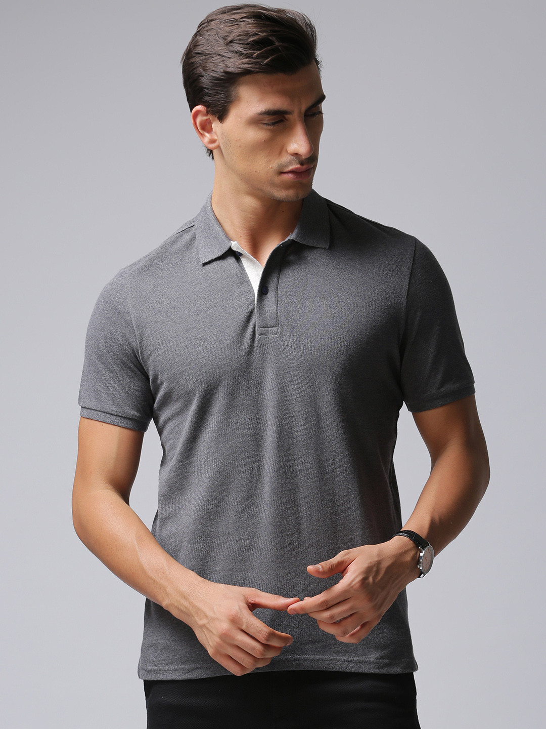 

True Blue Men Grey Solid Polo Pure Cotton T-shirt