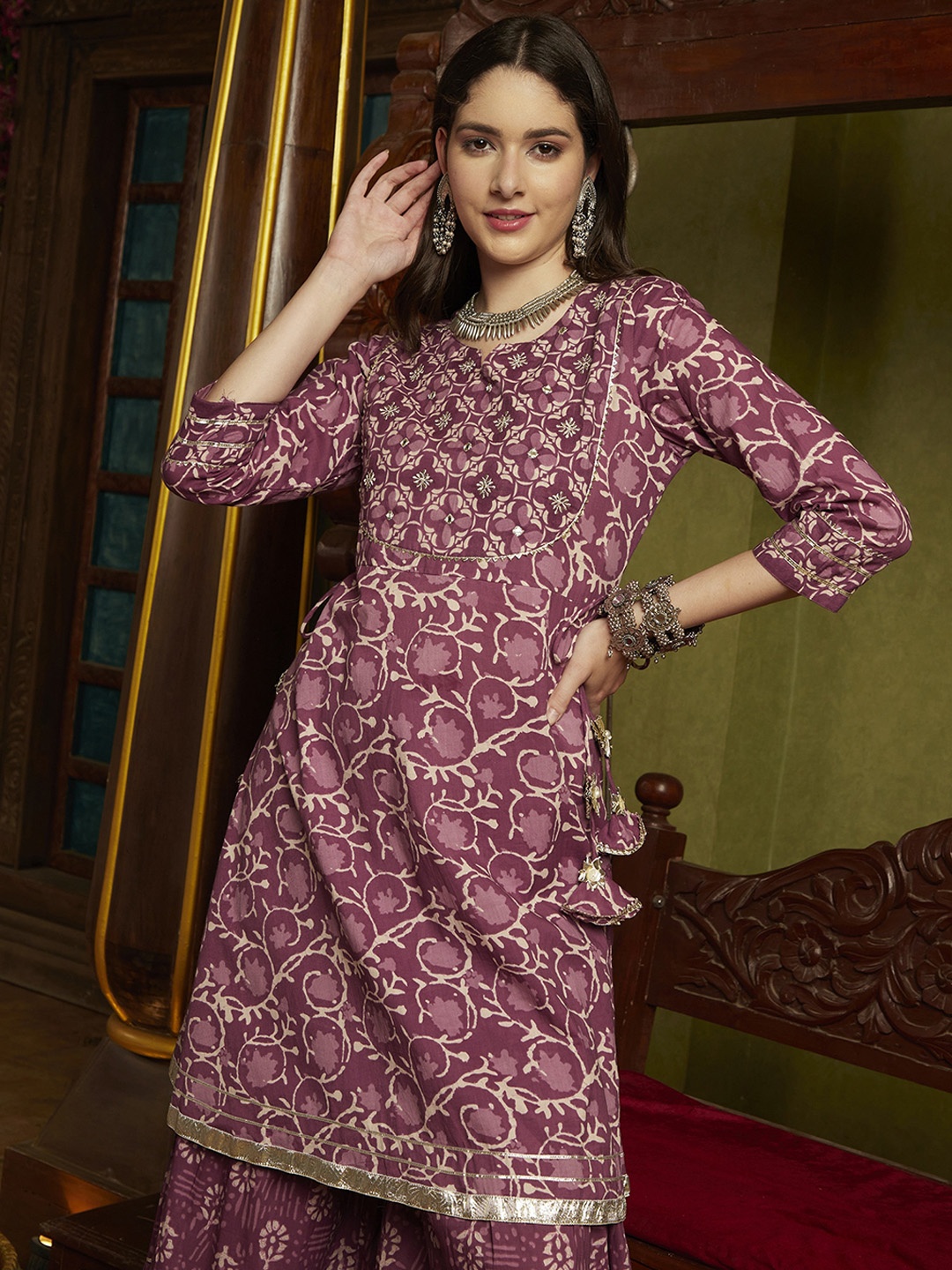 

Sangria Purple Ethnic Motifs Printed A-Line Kurti & Sharara With Dupatta