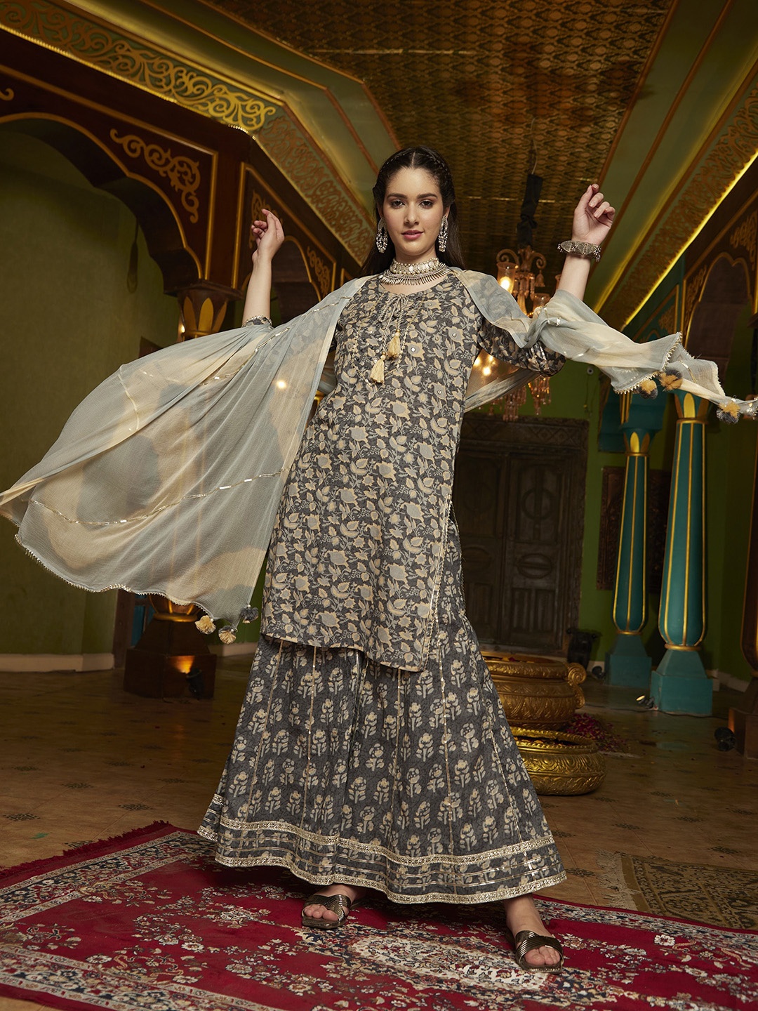 

Sangria Floral Printed Straight Kurta With Sharara & Dupatta, Grey