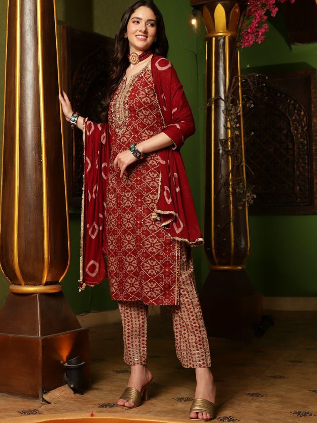 

Sangria Printed Gotta Patti Pure Cotton Straight Kurta With Trouser & Dupatta, Red