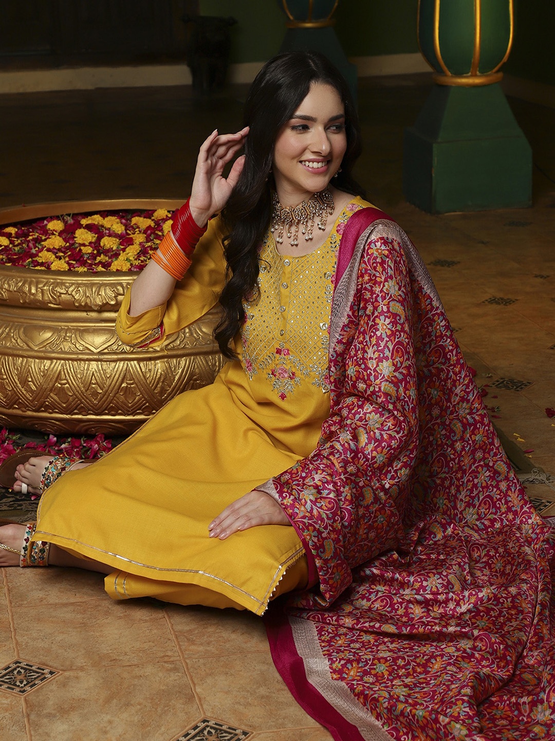 

Sangria Yellow Floral Embroidered Gotta Patti Straight Kurta & Trouser With Dupatta