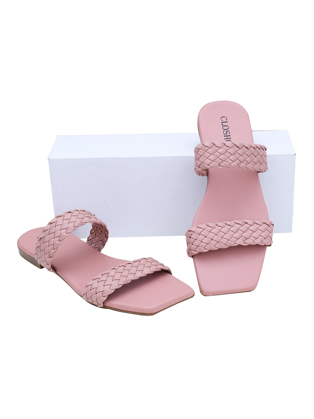 

CLOSHO Woven Design Open Toe Flats, Pink