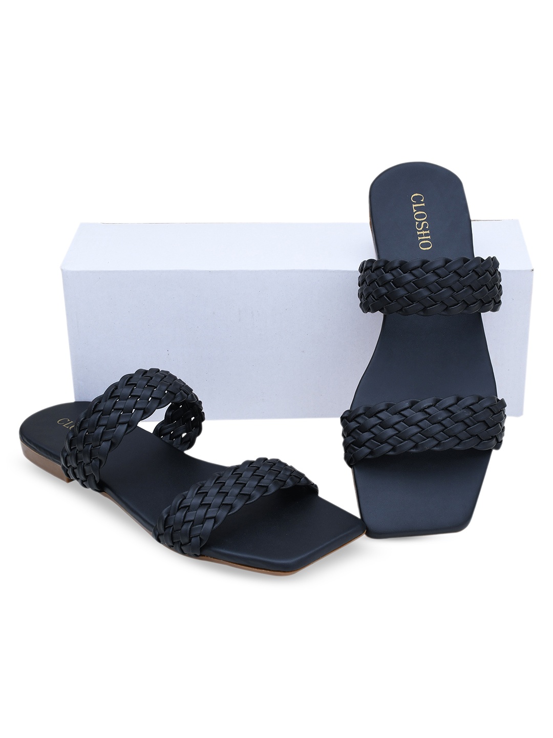 

CLOSHO Textured Double Strap Open Toe Flats, Black