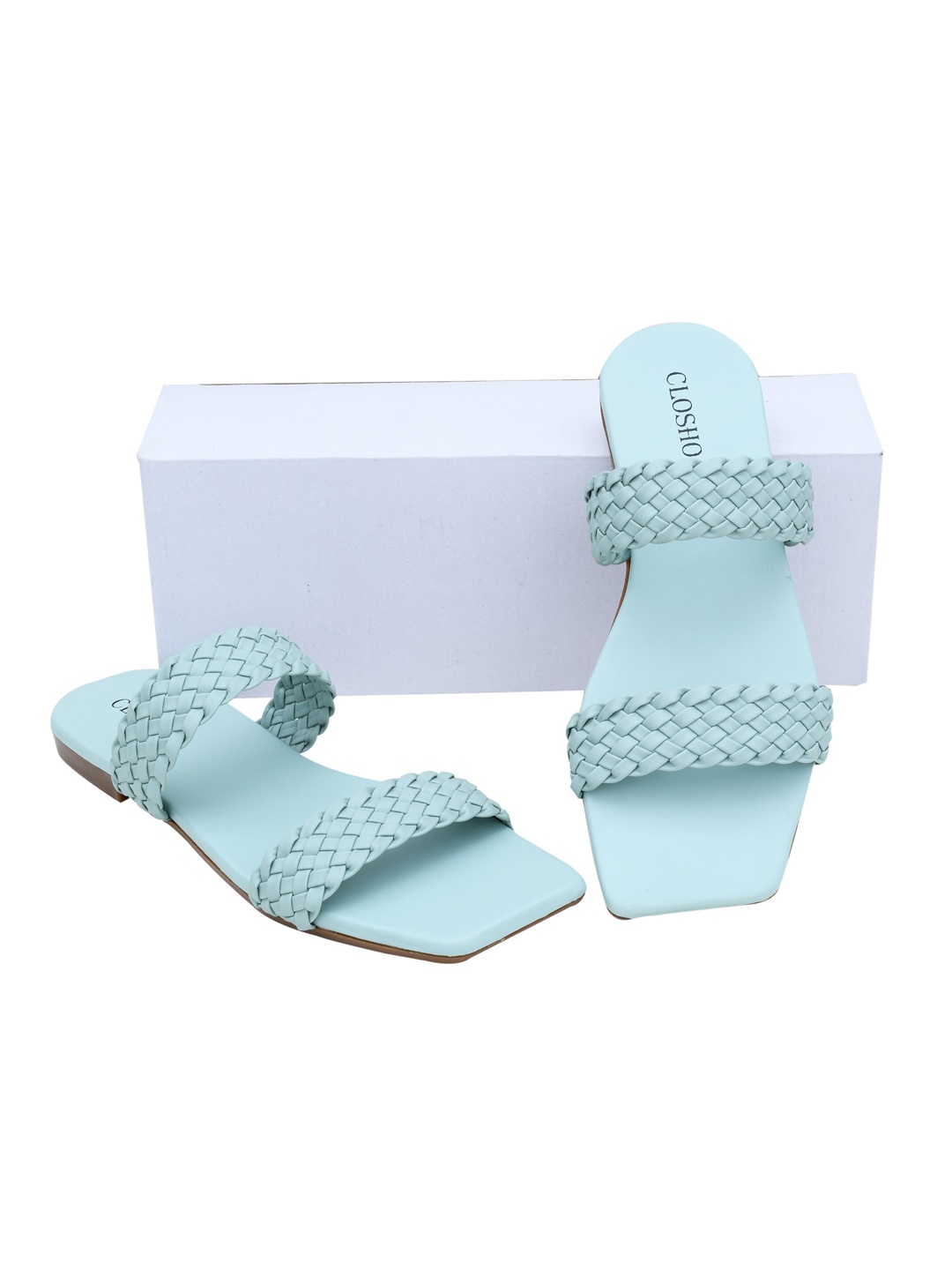 

CLOSHO Braided Double Strapped Open Toe Flats, Sea green