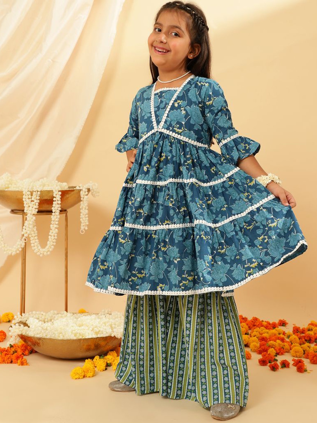 

Sangria Printed Pure Cotton A-Line Kurta With Sharara Set, Navy blue
