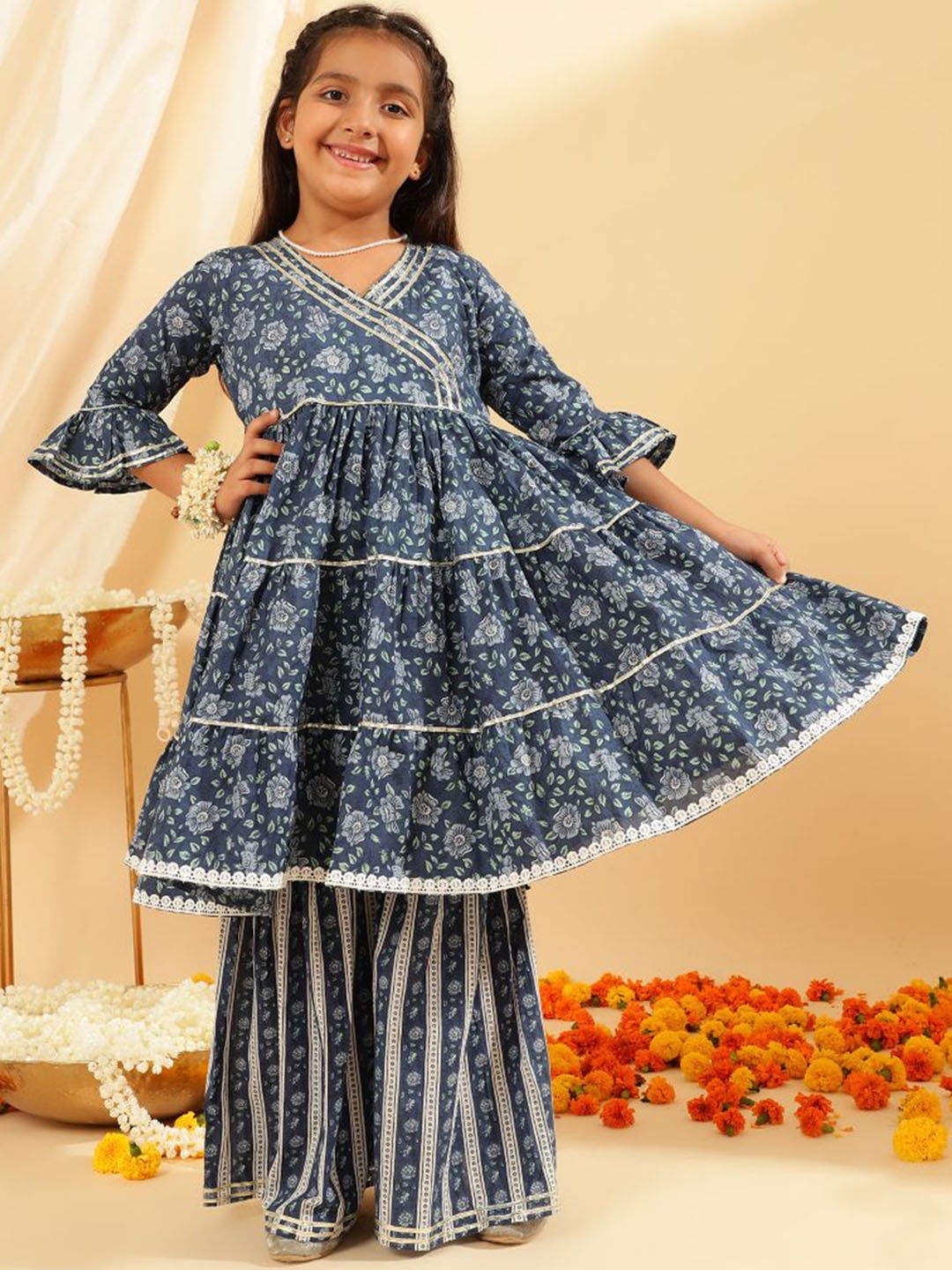 

Sangria Girls Floral Printed Pure Cotton Anarkali Kurta With Sharara, Blue