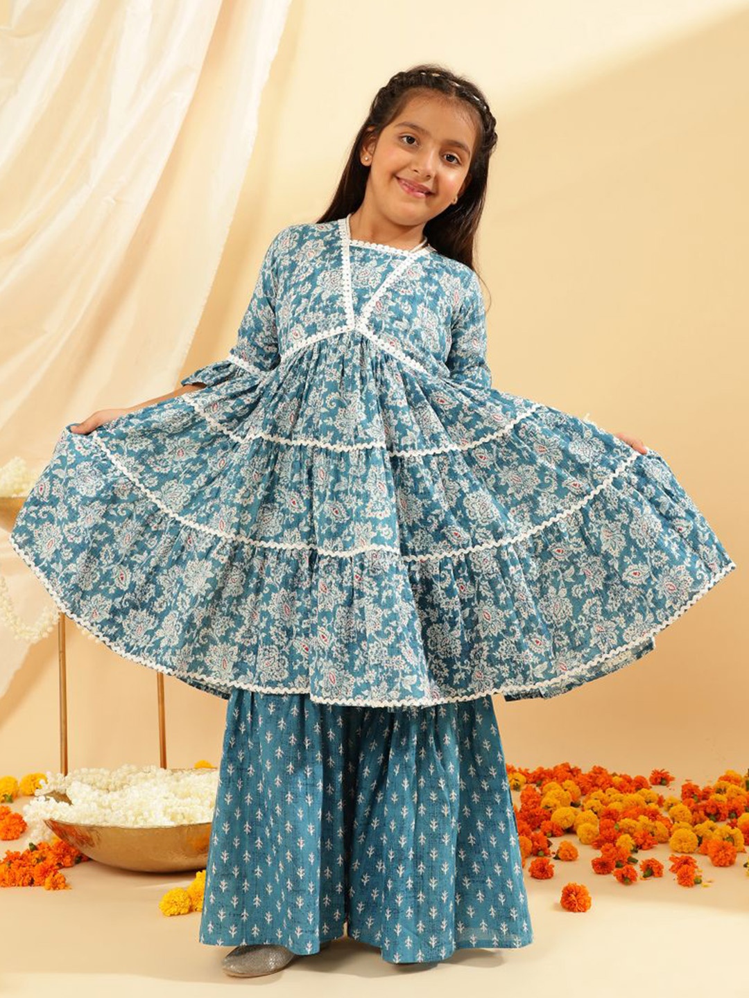 

Sangria Girls Ethnic Motifs Printed Pure Cotton Anarkali Kurta With Sharara, Blue