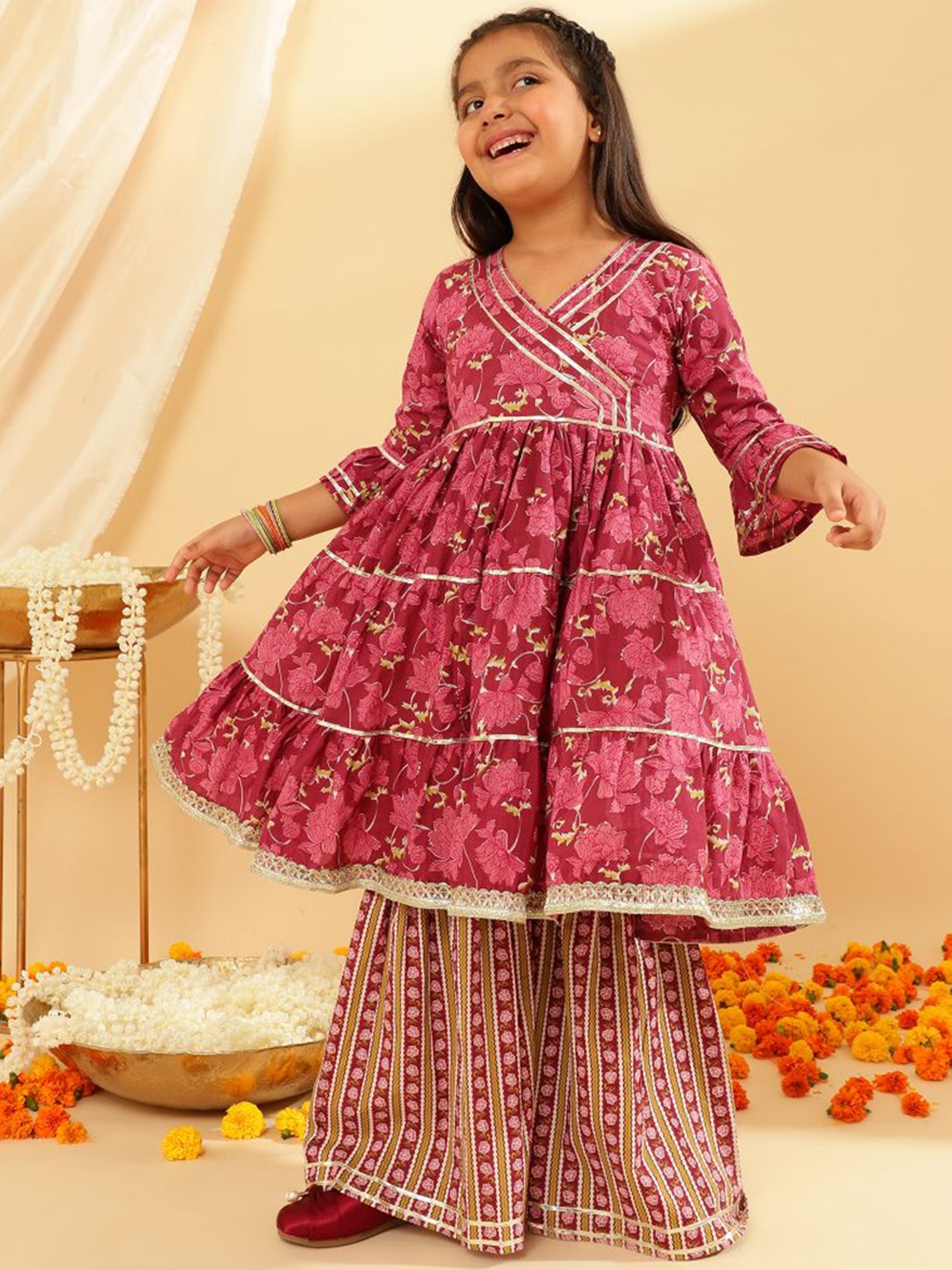 

Sangria Girls Floral Printed Pure Cotton Anarkali Kurta With Sharara, Pink