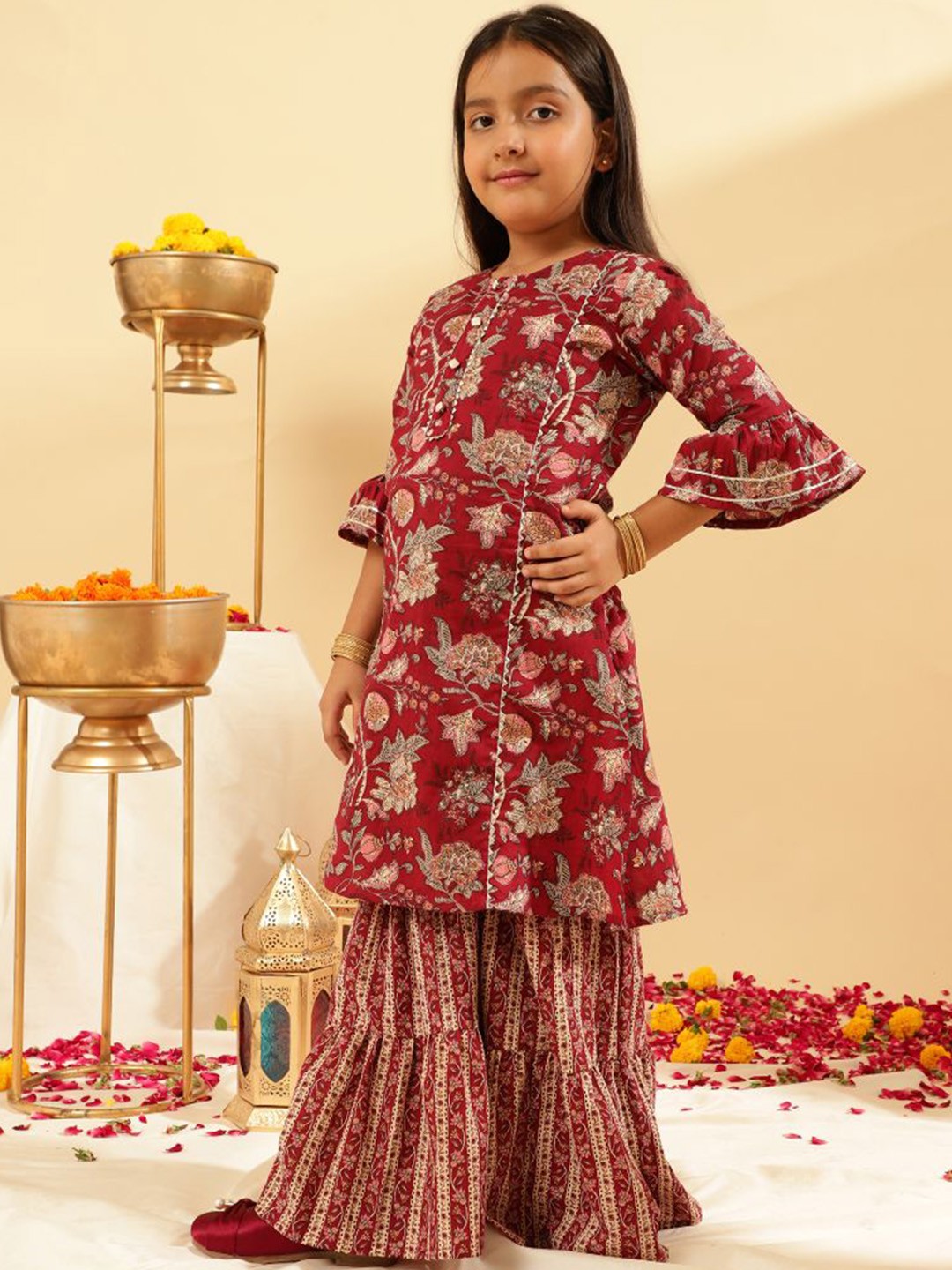 

Sangria Girls Floral Printed Pure Cotton A-Line Kurta With Sharara, Maroon