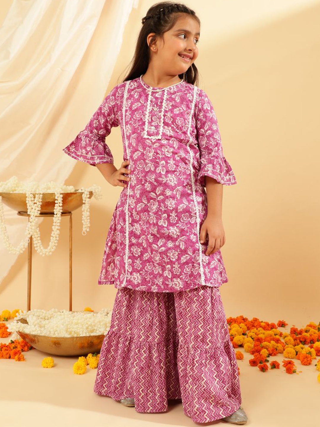 

Sangria Girls Floral Printed Pure Cotton A-Line Kurta With Sharara, Pink