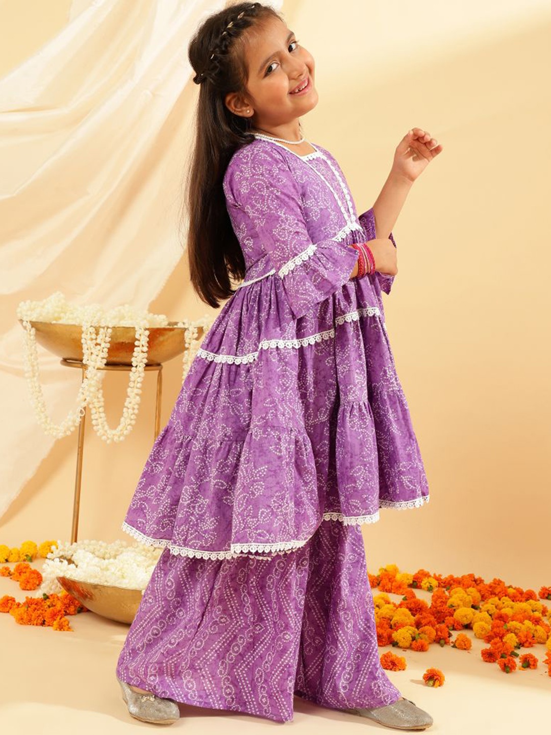 

Sangria Girls Ethnic Motifs Printed Pure Cotton Anarkali Kurta With Sharara, Purple