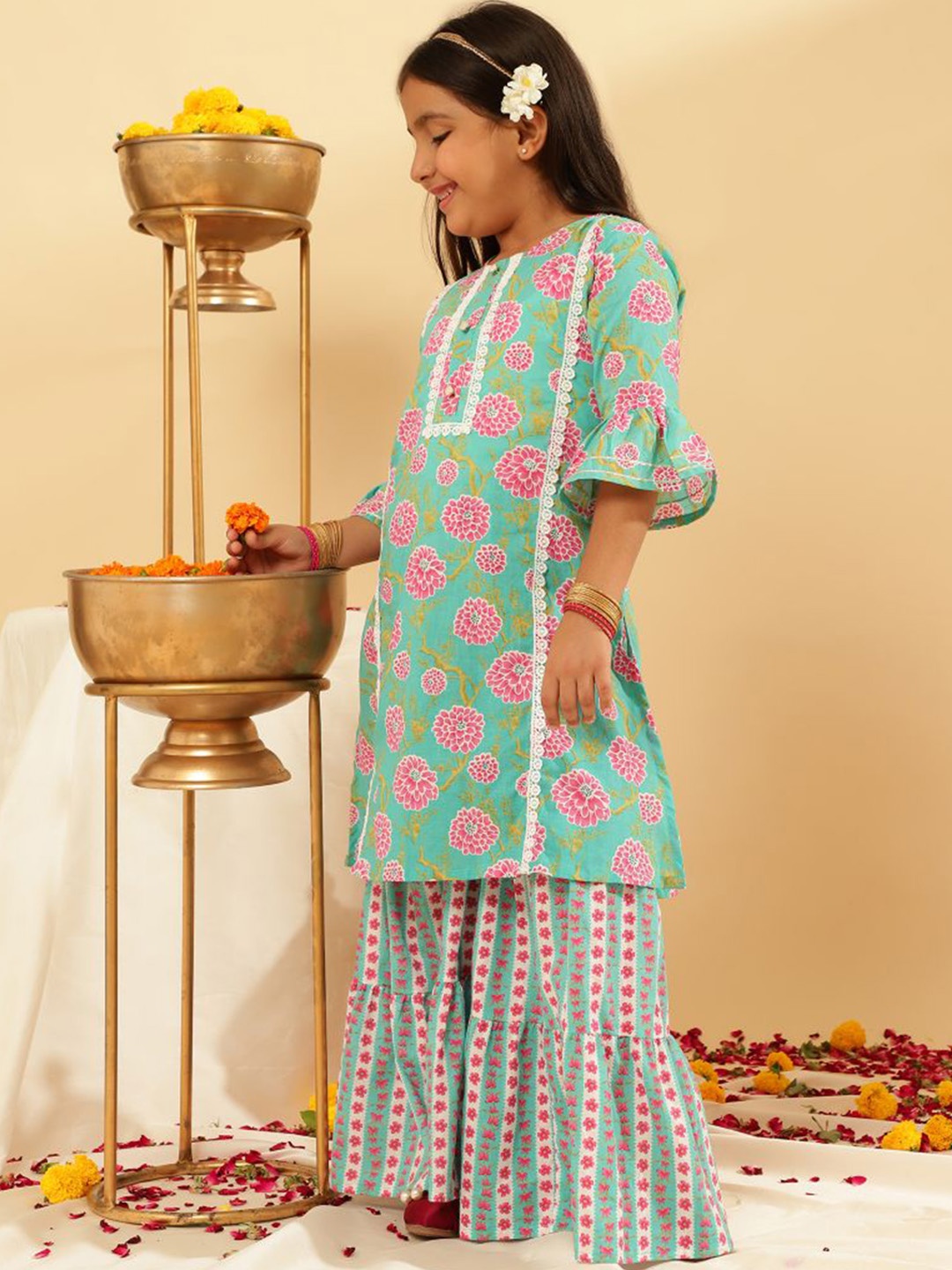 

Sangria Ethnic Motifs Printed Pure Cotton A-Line Kurta With Sharara, Turquoise blue