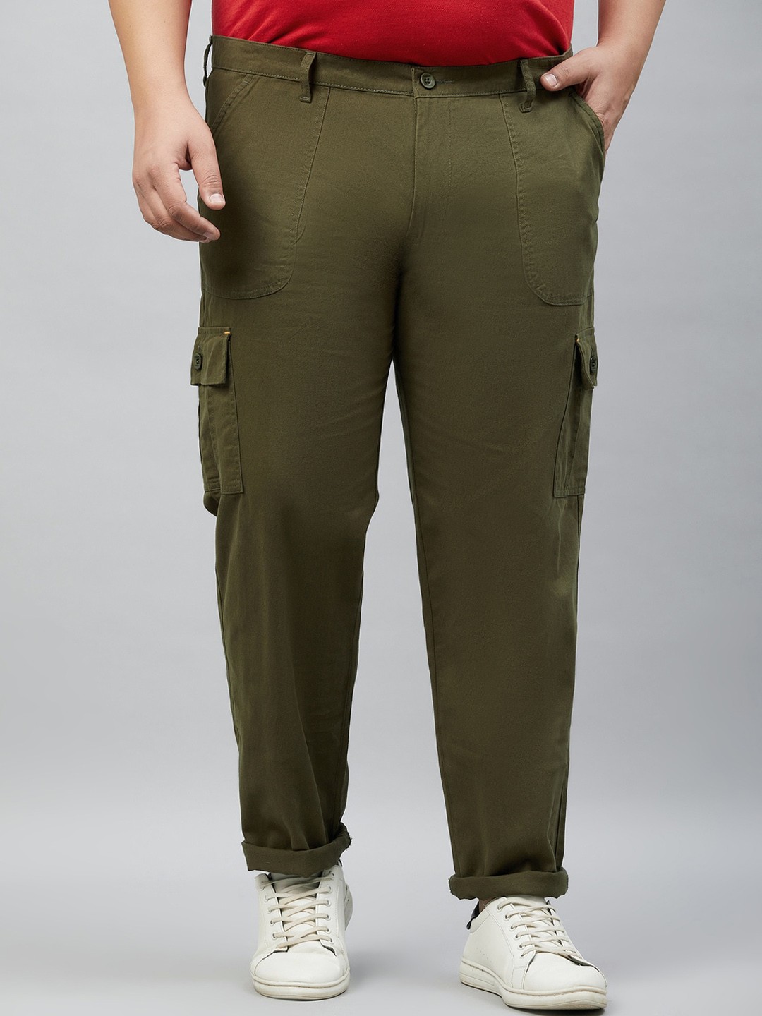 

STUDIO NEXX Plus Size Men Relaxed Straight Leg Pure Cotton Straight Fit Cargos, Olive
