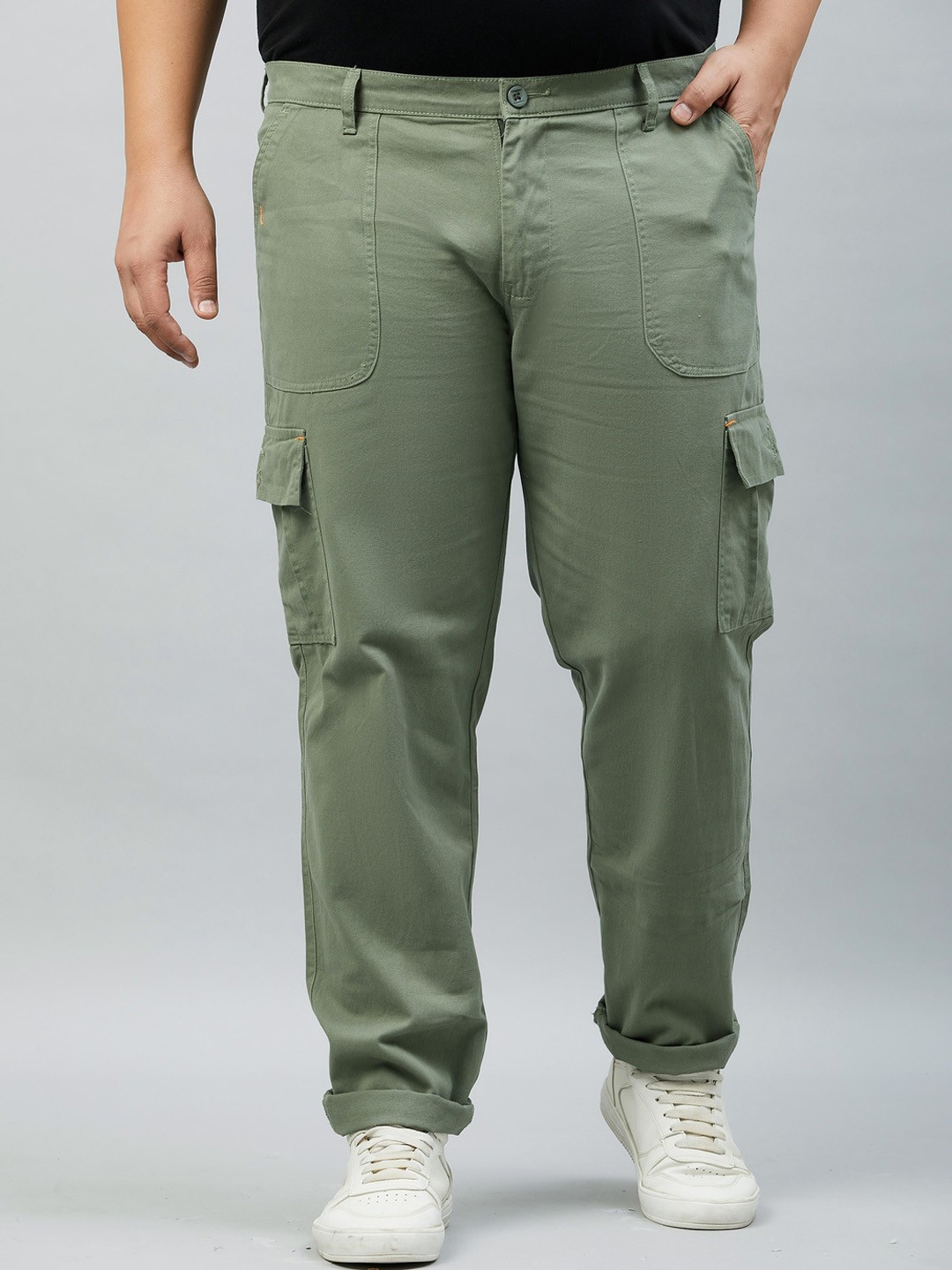 

STUDIO NEXX Men Plus Size Relaxed Straight Leg Straight Fit Cotton Cargos Trousers, Green
