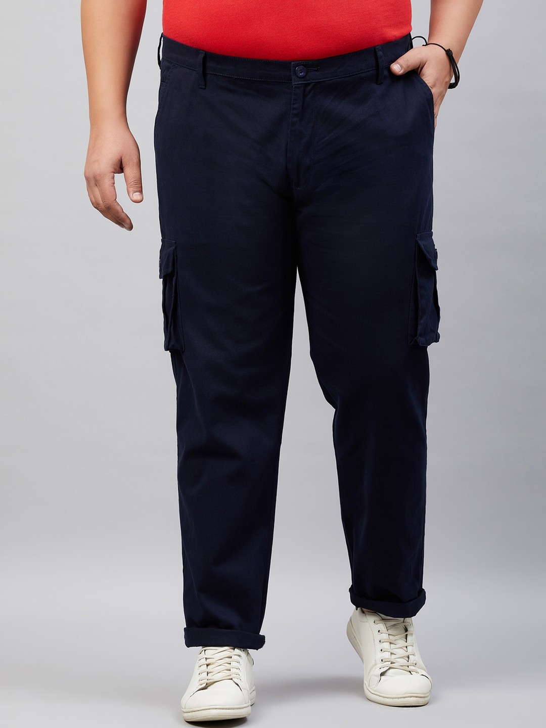 

STUDIO NEXX Men Plus Size Relaxed Straight Leg Straight Fit Cotton Cargos Trousers, Navy blue