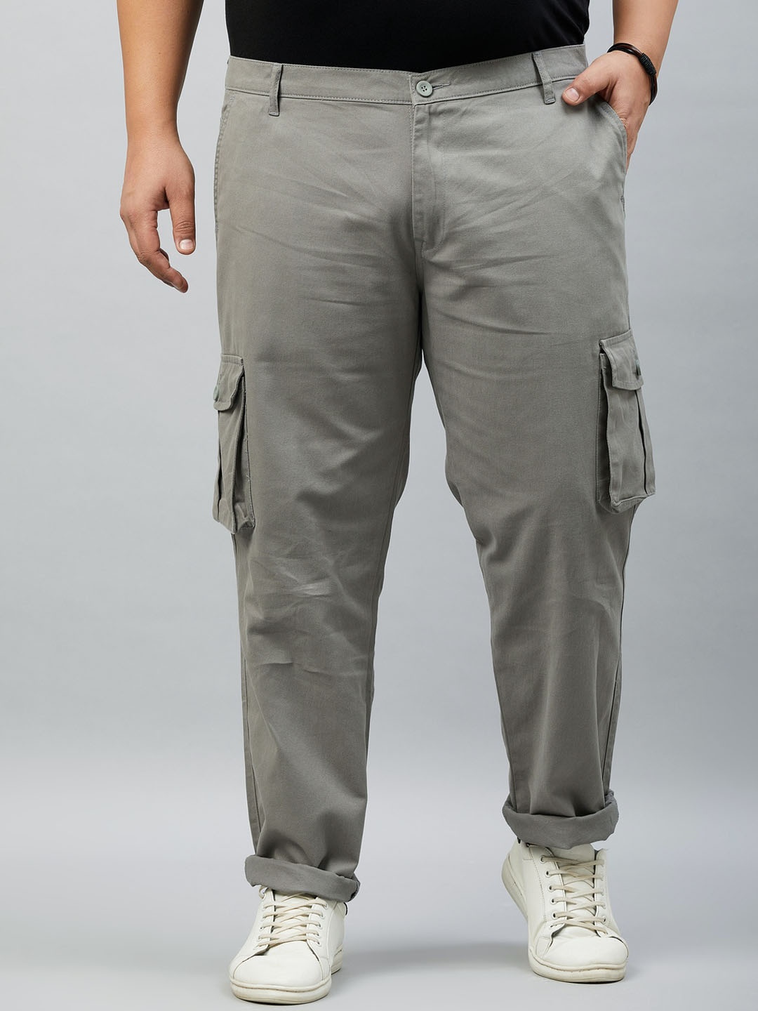 

STUDIO NEXX Men Plus Size Relaxed Straight Leg Straight Fit Cotton Cargos Trousers, Grey