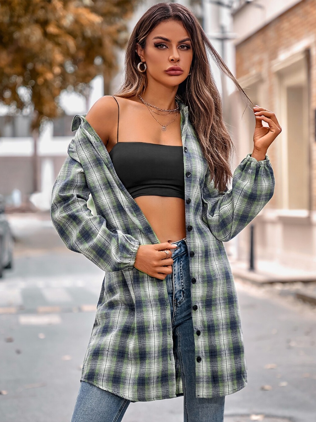 

StyleCast Green Checked Shirt Style Top
