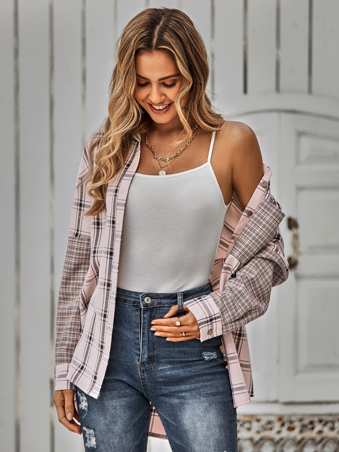 

StyleCast Checked Spread Collar Casual Shirt, Pink