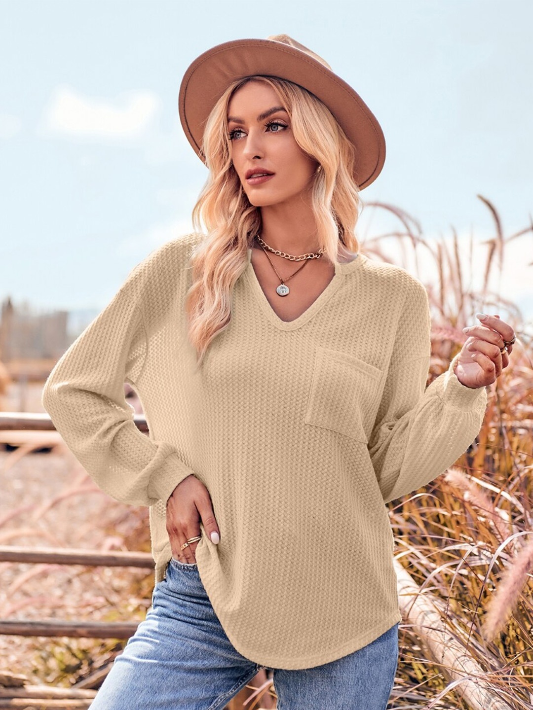 

StyleCast Cream-Coloured Self Design Drop Shoulder Sleeves Longline Top