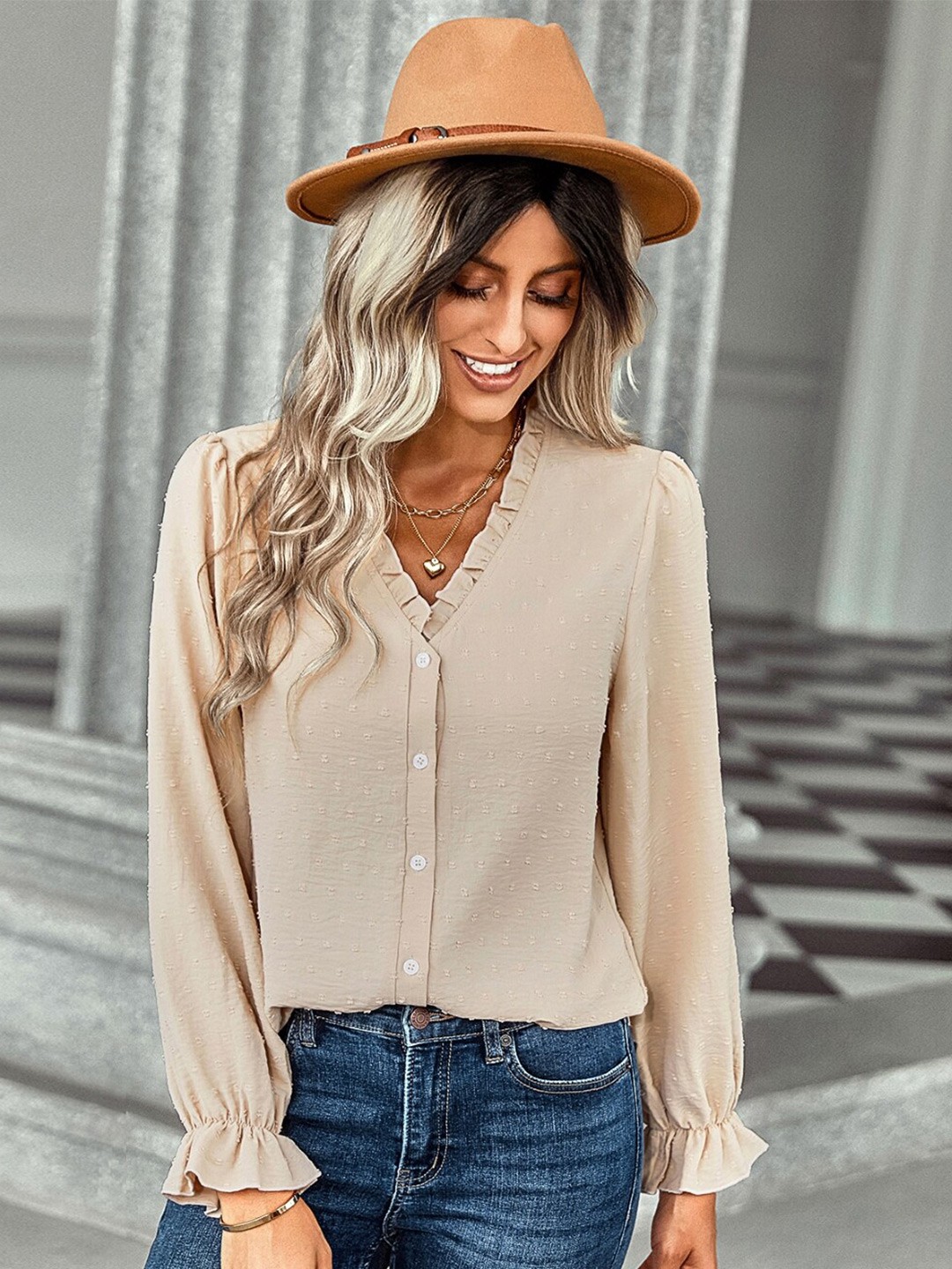 

StyleCast Self Design V-Neck Cuffed Sleeves Ruffles Detail Shirt Style Top, Cream