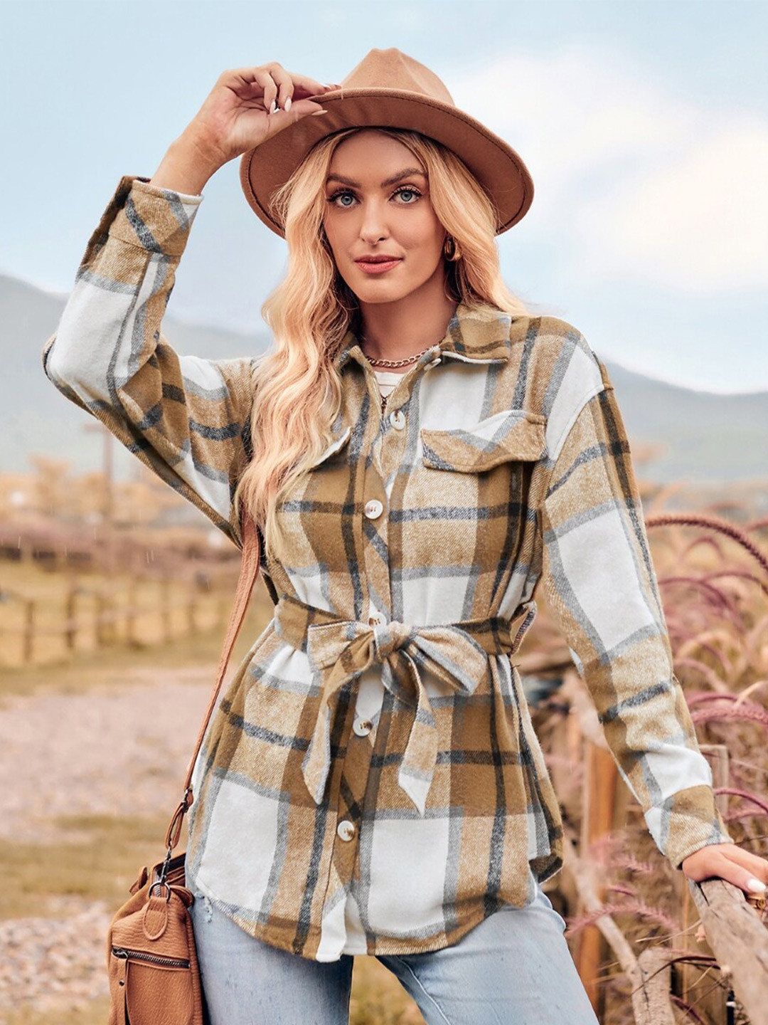 

StyleCast Brown Checked Cuffed Sleeves Tie-Ups Detail Shirt Style Top