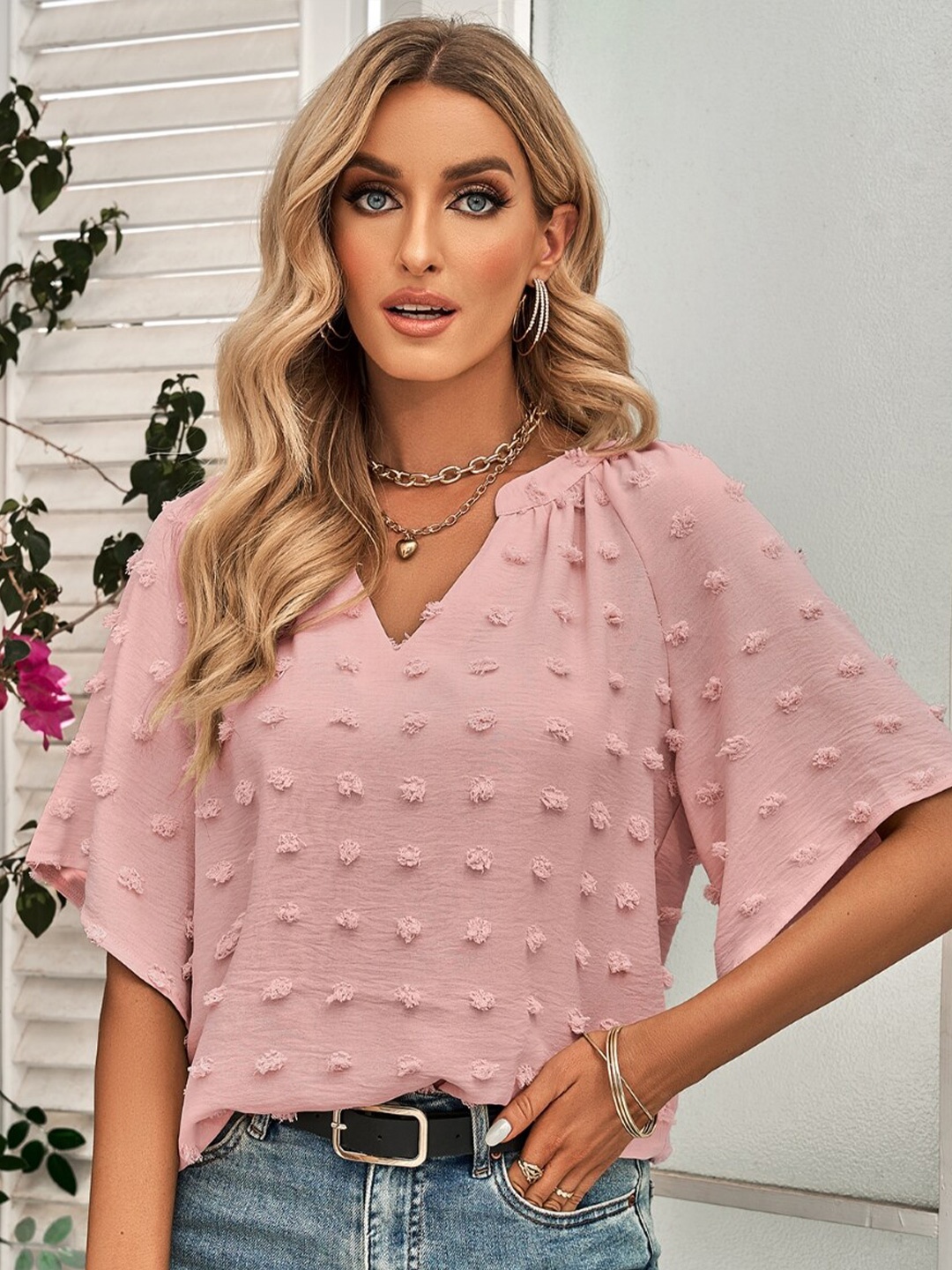 

StyleCast Pink Self Design V-Neck Raglan Sleeves Top