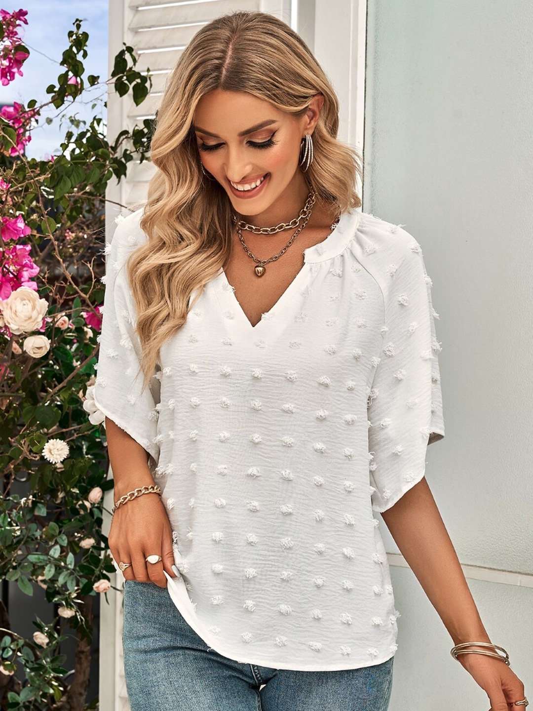 

StyleCast White Self Design V-Neck Top