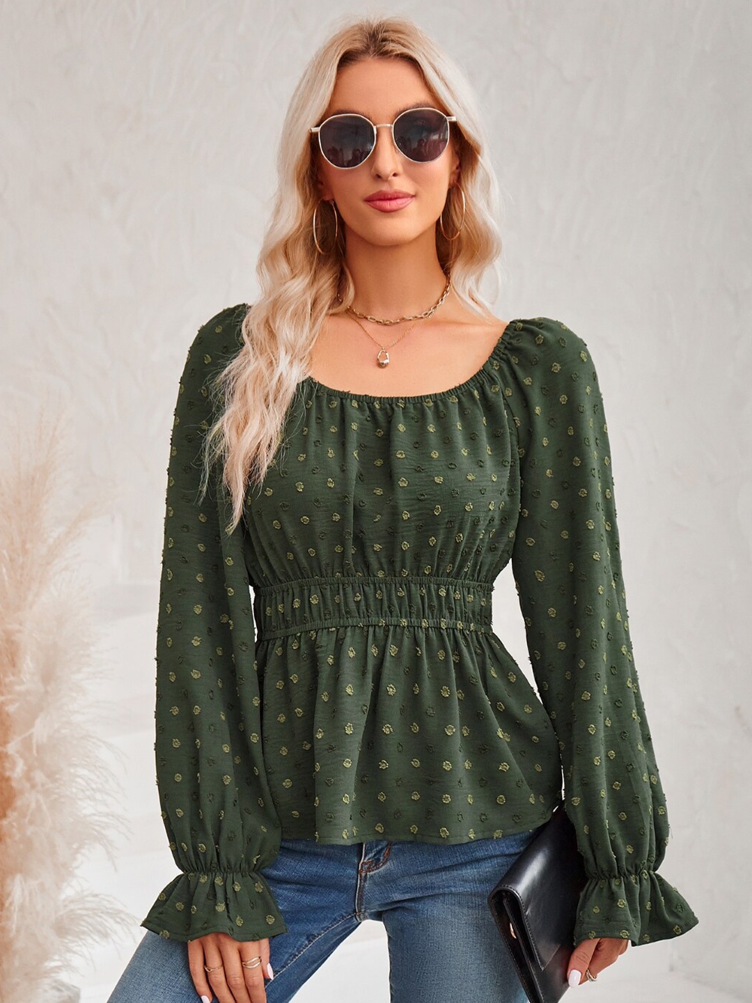 

StyleCast Green Self Design Round Neck Cuffed Sleeves Cinched Waist Top
