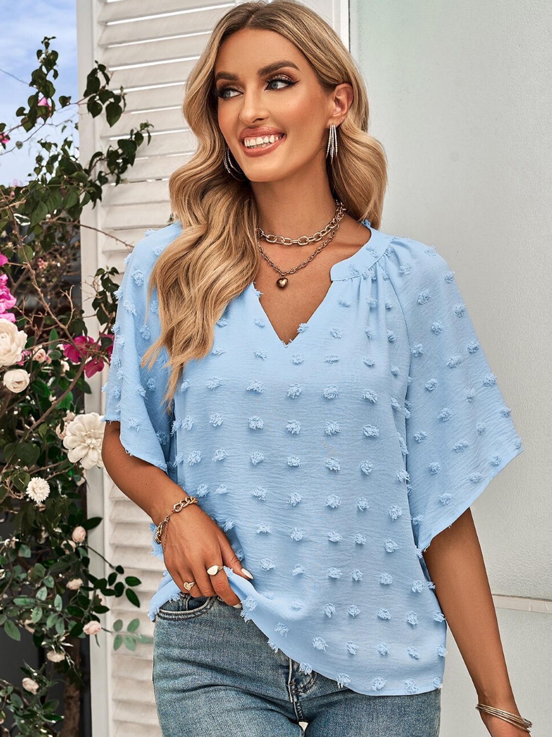 

StyleCast Blue Self Design Mandarin Collar Flared Sleeves Top