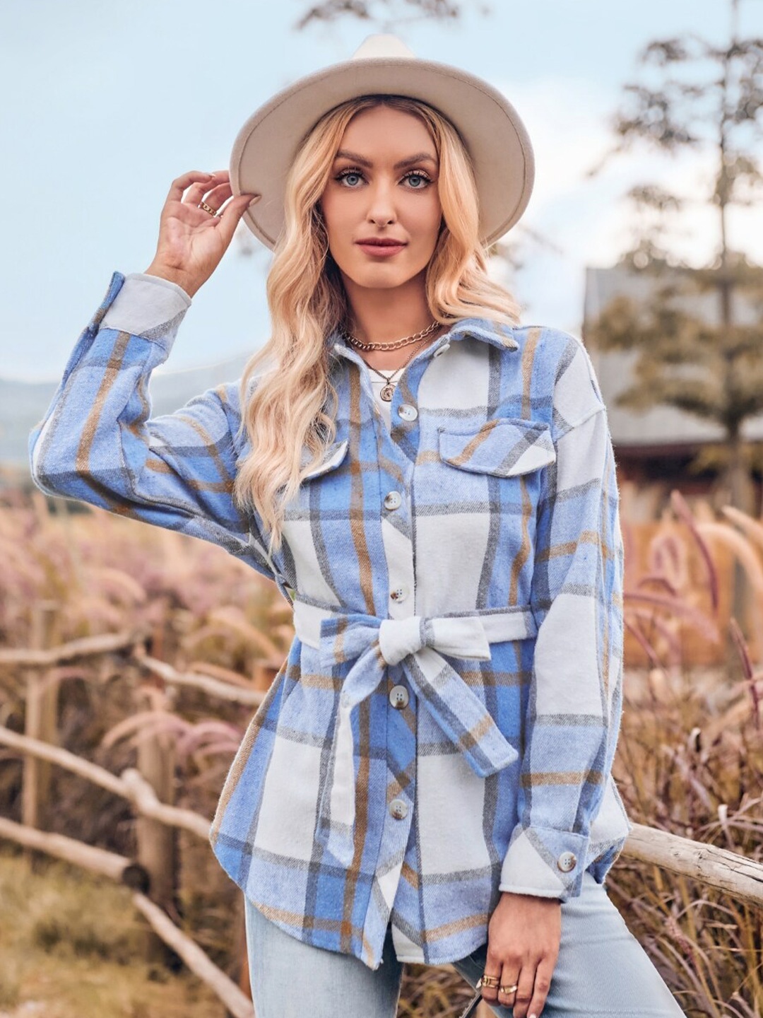 

StyleCast Blue Checked Printed Shirt Collar Long Sleeve Shirt Style Top