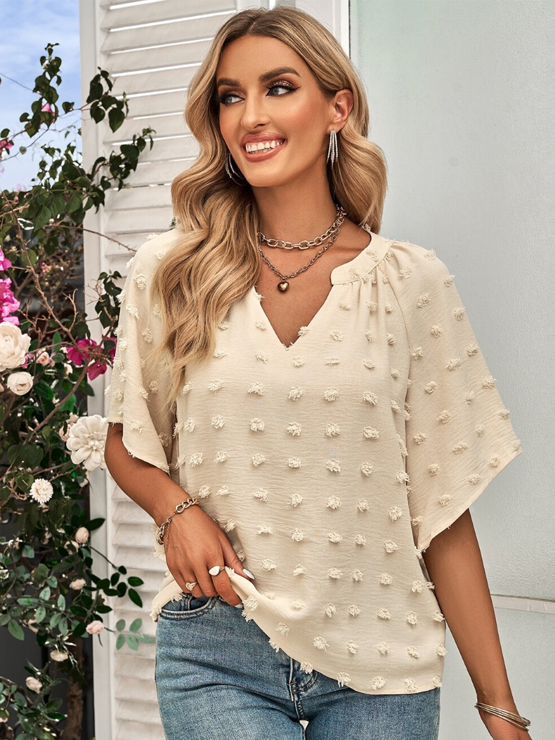 

StyleCast Beige Self Design Mandarin Collar Flared Sleeves Regular Top