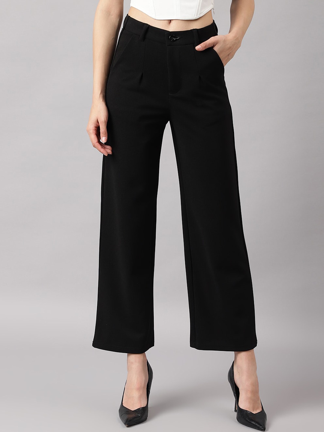 

DUDITI Women Relaxed Flared High-Rise Plain Parallel Trousers, Black