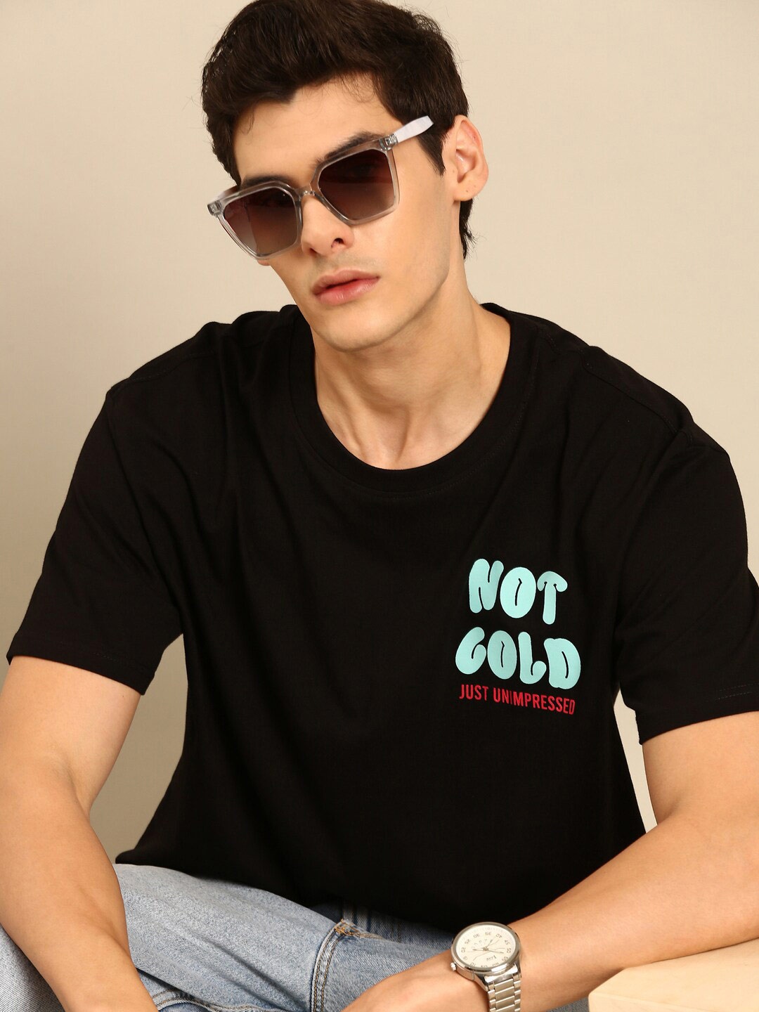 recast Typography Printed Bio Finish Oversized T-shirt, Black