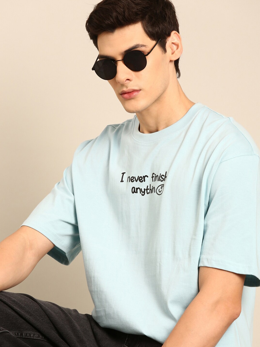 

recast Typography Printed Cotton Oversized Bio Finish T-shirt, Blue