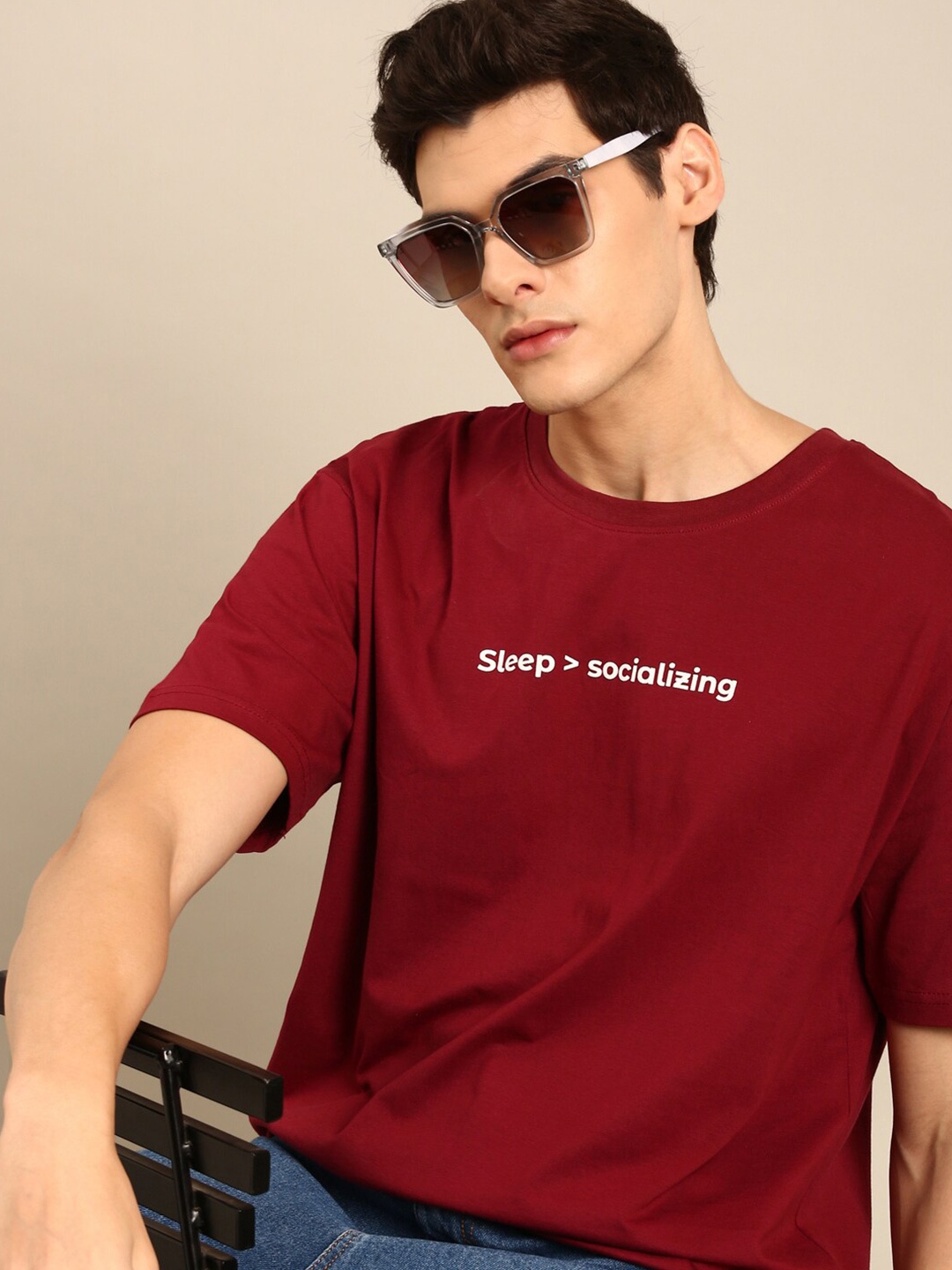 

recast Typography Printed Cotton Oversized Bio Finish T-shirt, Maroon