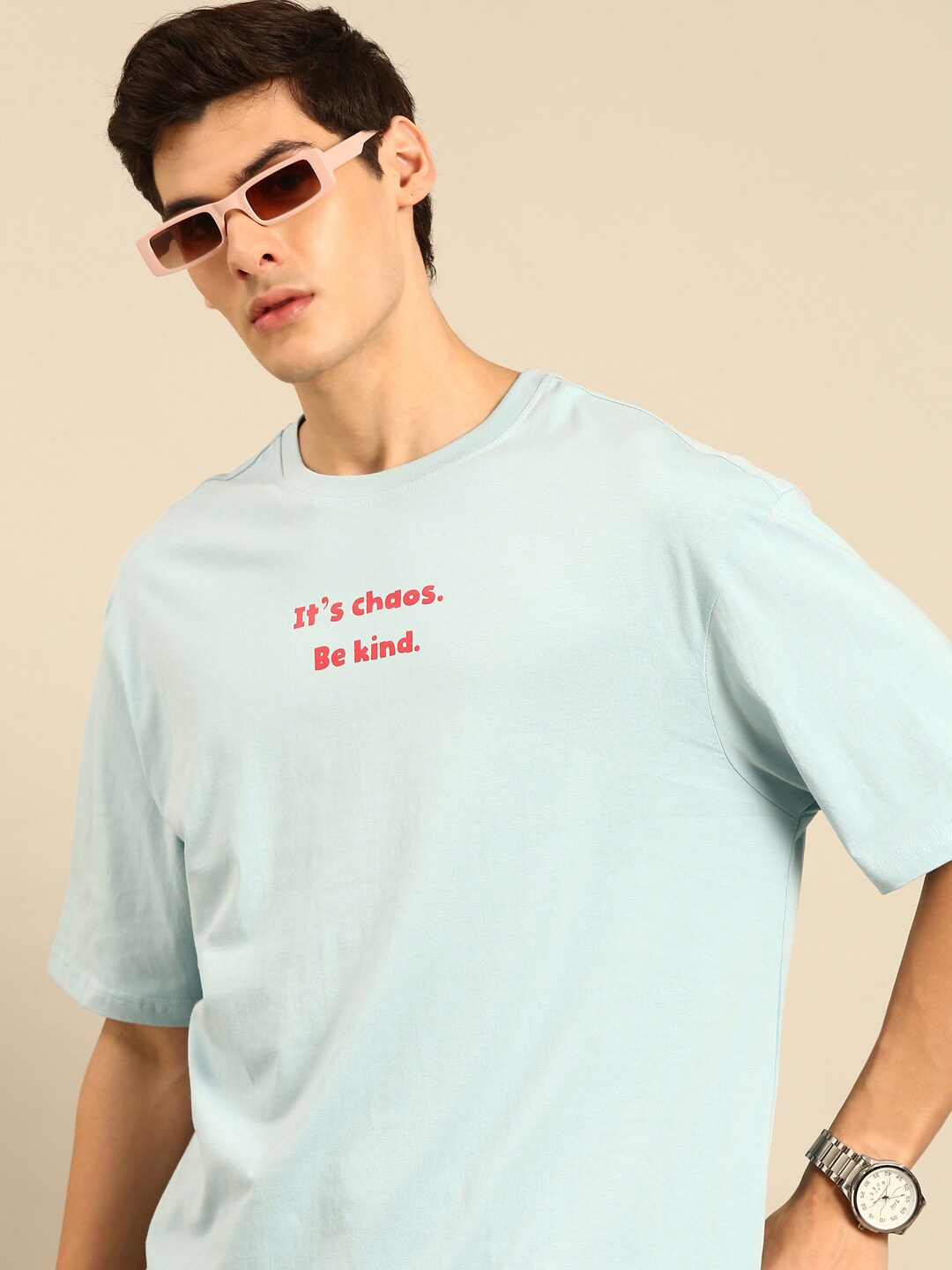recast Typography Printed Cotton Oversized Bio Finish T-shirt, Blue