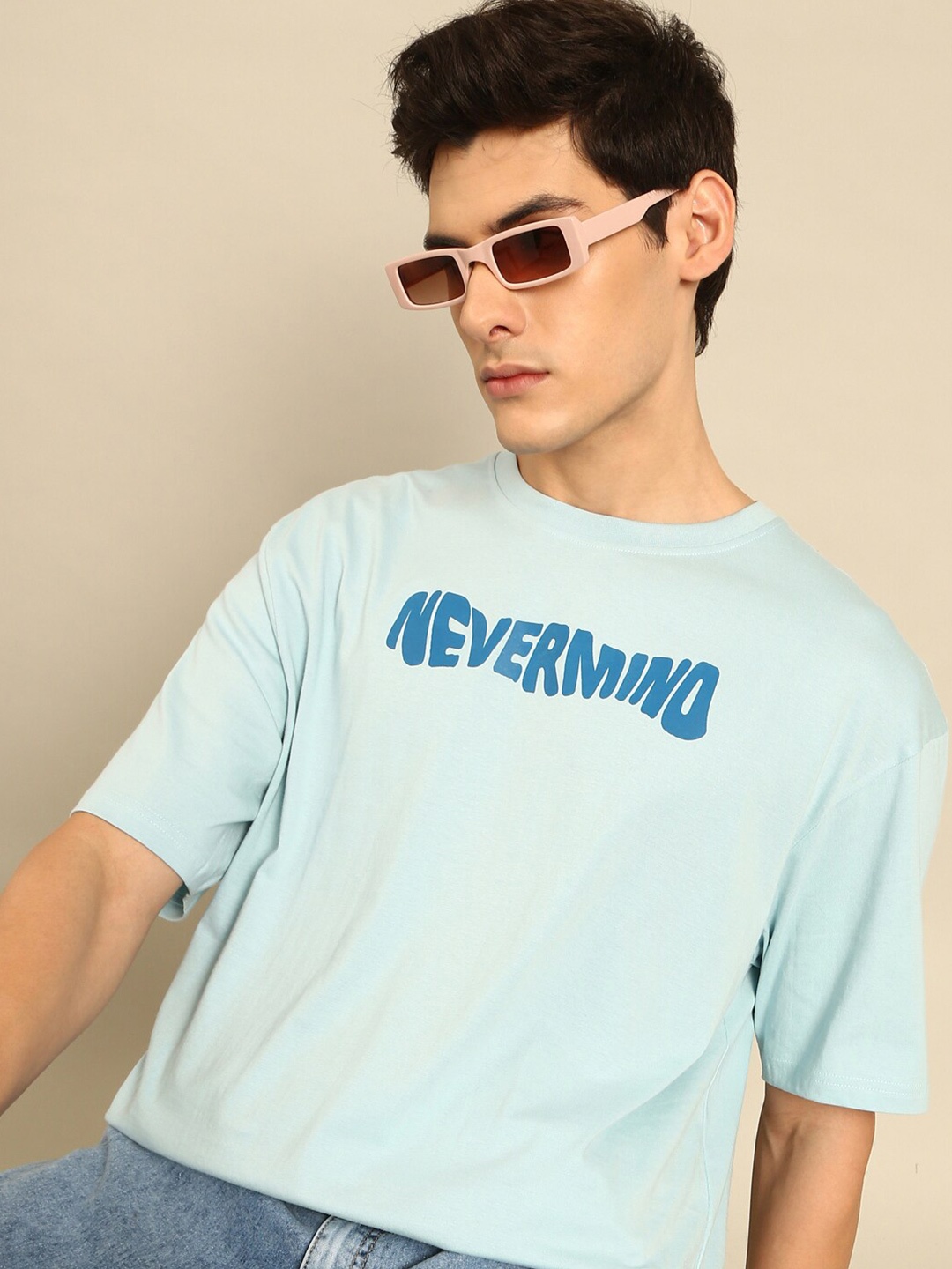 

recast Typography Printed Cotton Oversized Bio Finish T-shirt, Blue