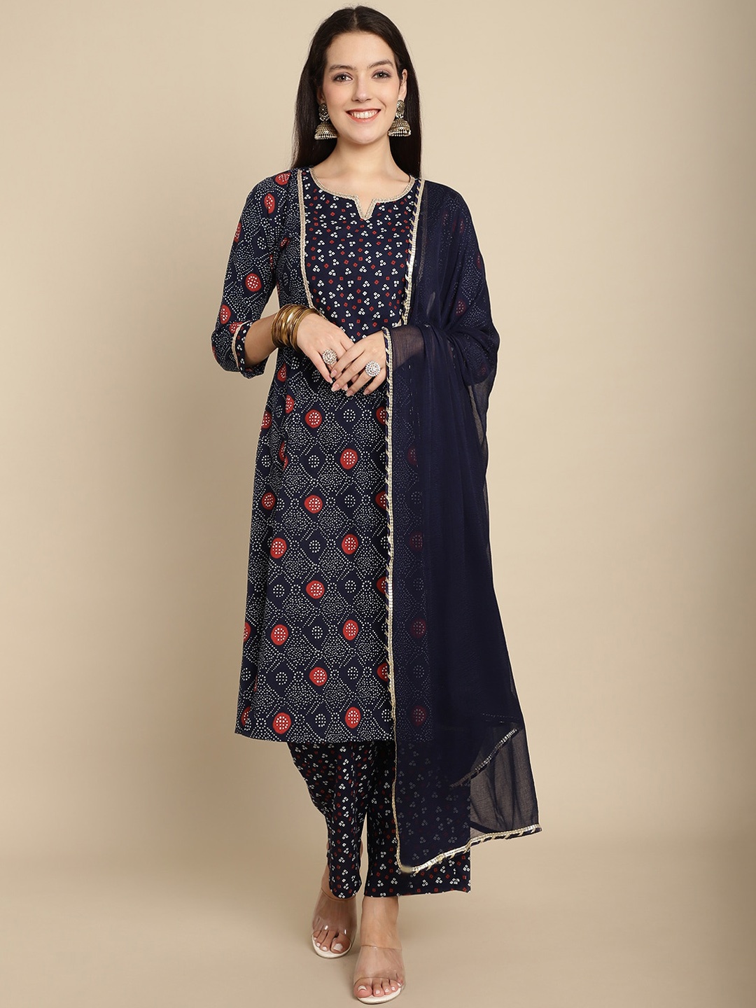 

KALINI Bandhani Printed Regular Gotta Patti Pure Cotton Kurta With Palazzos & Dupatta, Navy blue