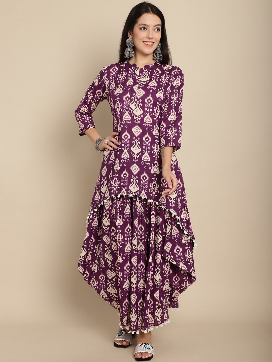 

KALINI Printed High Slit Pure Cotton Kurta with Dhoti Pants, Purple