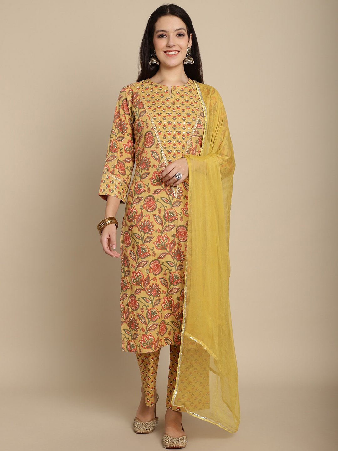 

KALINI Floral Printed Pure Cotton Gotta Patti Kurta With Palazzos & Dupatta, Mustard