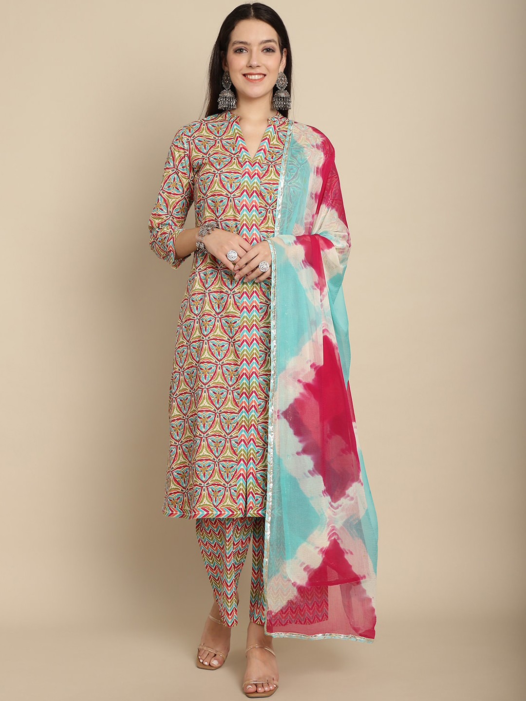 

KALINI Floral Printed Pure Cotton Gotta Patti Kurta With Palazzos & Dupatta, Blue