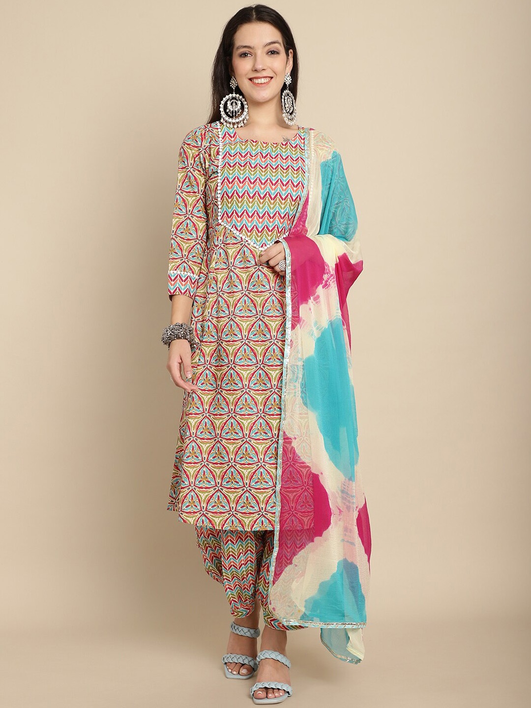 

KALINI Ethnic Motifs Round Neck Pure Cotton Kurta with Salwar & With Dupatta, White